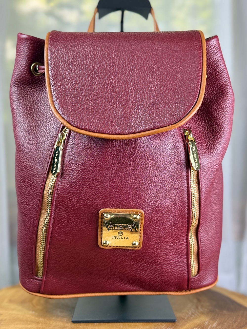 Valentina Italia Red Burgundy Leather Drawstring Backpack Purse w/ Tan Trim EUC